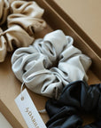 Set of 3 Scrunchies M - Midnight Black - Silver Grey - French Beige